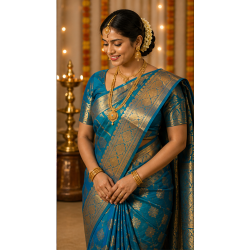Kanchipuram Silk Saree — Peacock Blue