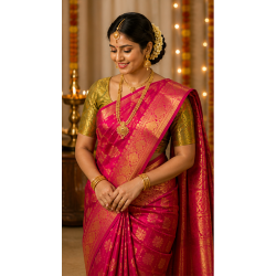 Kanchipuram Silk Saree — Rani Pink
