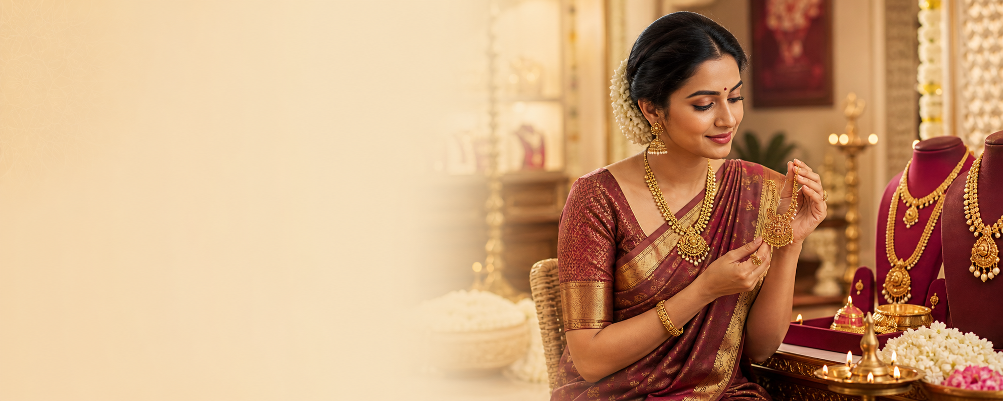 Woman in a maroon silk saree exploring traditional gold jewellery